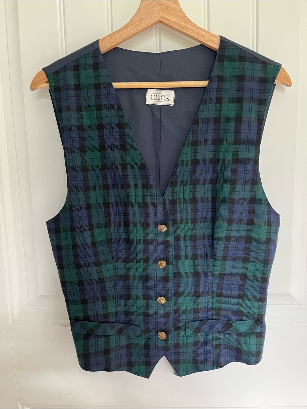 Vintage Classic Plaid Green and Navy Lined Jacket - Navy with Gold Buttons